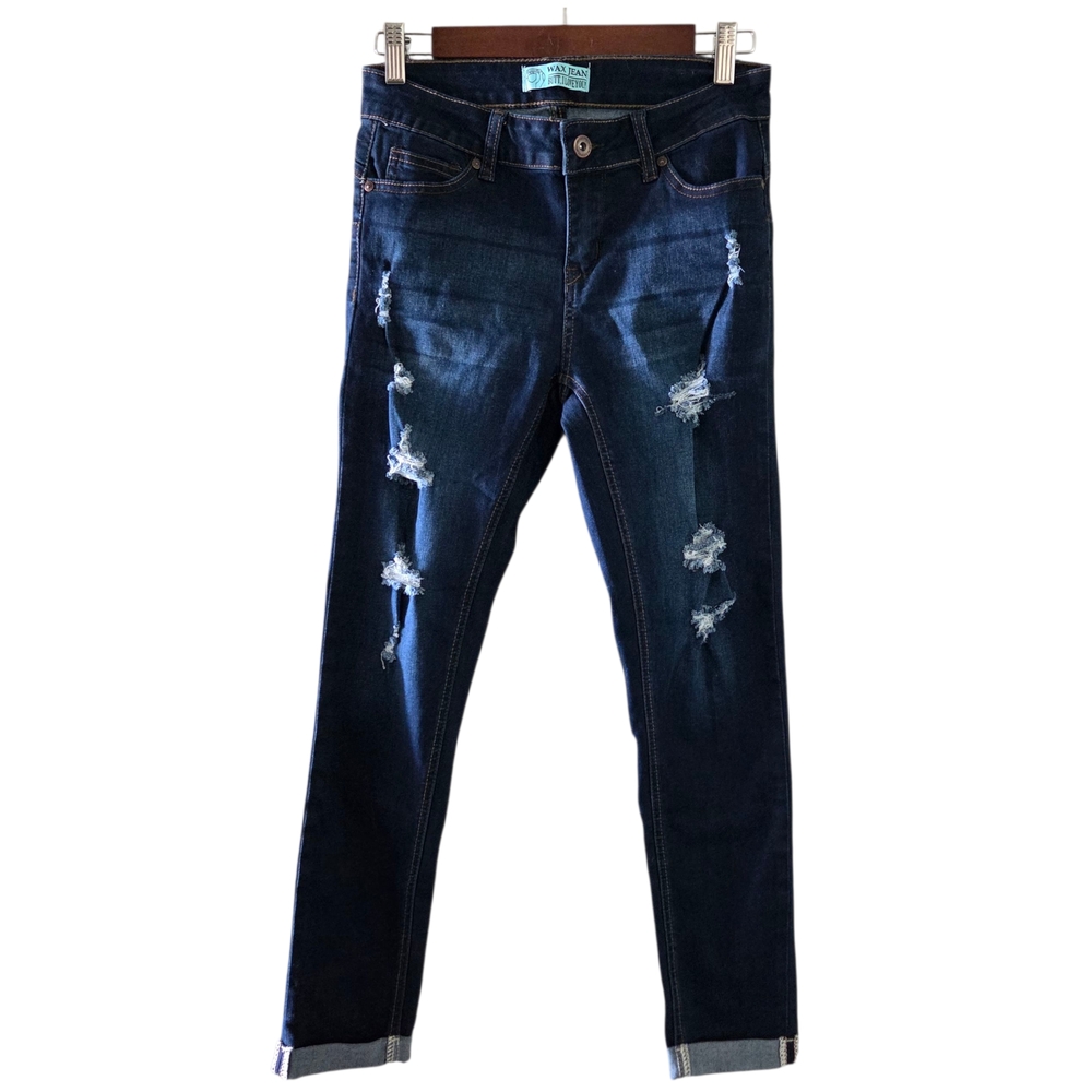 Wax Jean Women's Distressed Skinny Jeans Dark Wash Denim Cuffed Hem Size 5